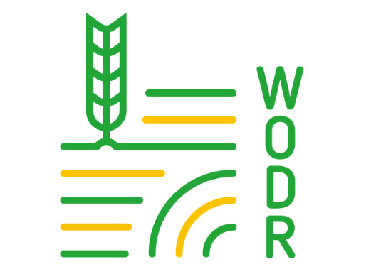 Logotyp złożony z poziomych żółto-zielonych linii oraz łuków. Z linii wychodzi ikona kłosa. Po prawej stronie znajduje się pionowy napis WODR.