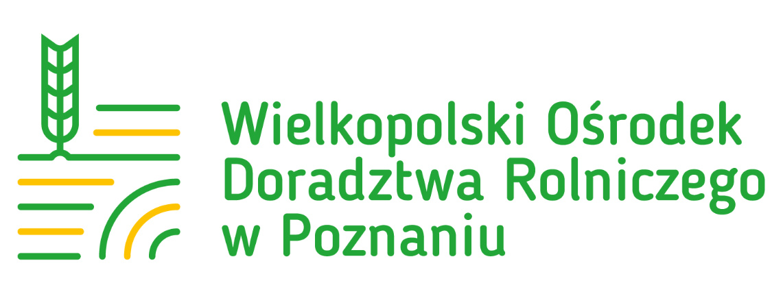 Logotyp złożony z poziomych żółto-zielonych linii oraz łuków. Z linii wychodzi ikona kłosa. Po prawej stronie znajduje się poziomy napis Wielkopolski Ośrodek Doradztwa Rolniczego w Poznaniu.