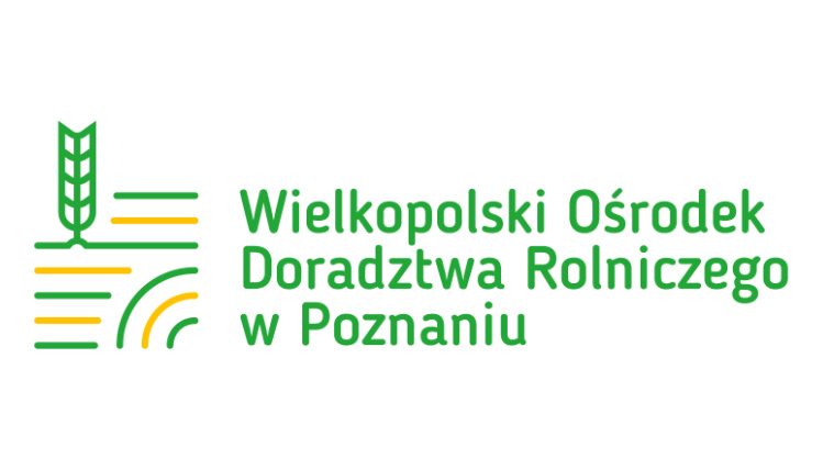 Logotyp złożony z poziomych żółto-zielonych linii oraz łuków. Z linii wychodzi ikona kłosa. Po prawej stronie znajduje się poziomy napis Wielkopolski Ośrodek Doradztwa Rolniczego w Poznaniu.