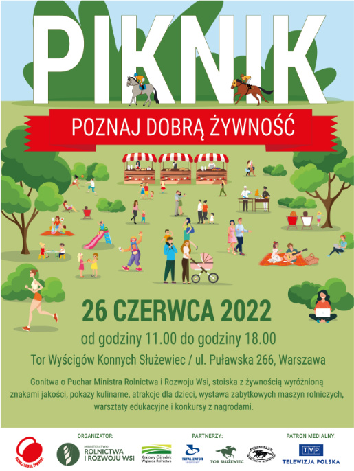 Plakat w wersji animowanej. Widać polanę, na której jest dużo małych postaci. Na górze znajduje się napis Piknik Poznaj Dobrą Żywność. Poniżej jest informacja o przebiegu imprezy oraz data. Na samym dole są logotypy partnerów.