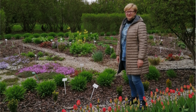 Ewa Tuliszka sprawuje opiekę nad ogródkiem w Sielinku Na pierwszym planie pozuje Ewa Tuliszka. W tle znajduje się ogródek z kwiatami w różnych kolorach.