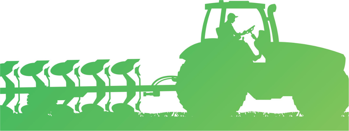 Na białym tle widoczny jest zielony rysunek ciągnika rolniczego, który orze pole.