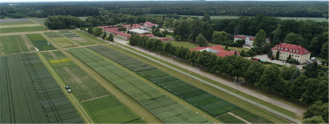 Widok z lotu ptaka na bazę w Sielinku, należącą do Wielkopolskiego Ośrodka Doradztwa Rolniczego w Poznaniu. Widać zielone pola oraz budynki mieszkalne.