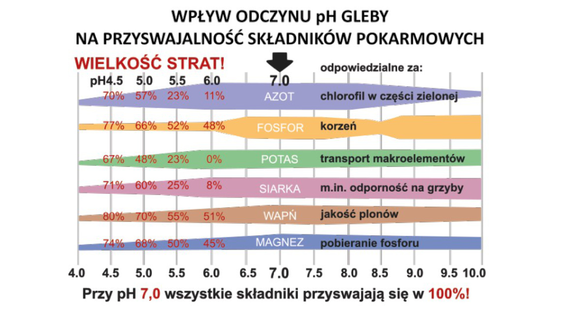Tabela przedstawiająca straty składników pokarmowych przy niewłaściwym pH gleby.