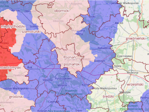 Mapa Poznania oraz okolicznych gmin w powiecie poznańskim z zaznaczonymi strefami występowania afrykańskiego pomoru świń.