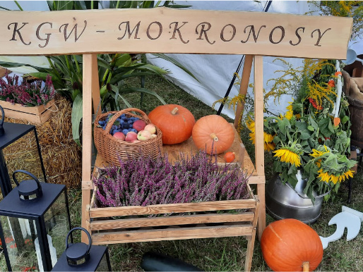 Jesienny stragan Koła Gospodyń Wiejskich Mokronosy. Znajdują się na nim dynie, wrzosy, jabłka i słoneczniki.