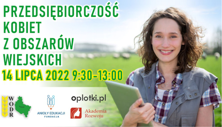 Konferencja dla kobiet odbędzie się 14 lipca w formie online Grafika ilustracyjna. Z prawej strony jest uśmiechnięta kobieta trzymająca tablet, po lewej stronie jest napis "Przedsiębiorczość kobiet z obszarów wiejskich" oraz termin wydarzenia. Pod spodem znajdują się logotypy partnerów.