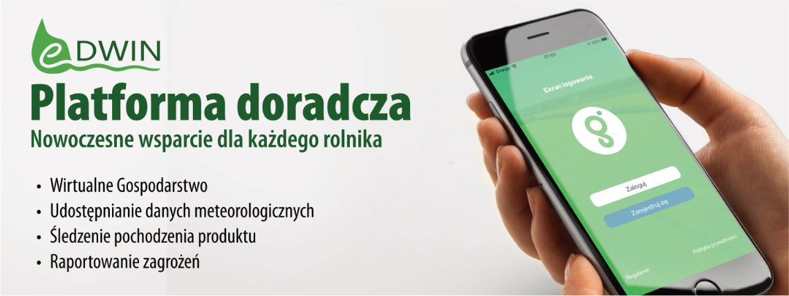 Na jasnoszarym tle widoczny jest obrazek telefonu oraz informacje o aplikacji doradczej eDWIN. Na dole są logotypy UE, flaga Polski, logo Polski Cyfrowej oraz logo eDWIN