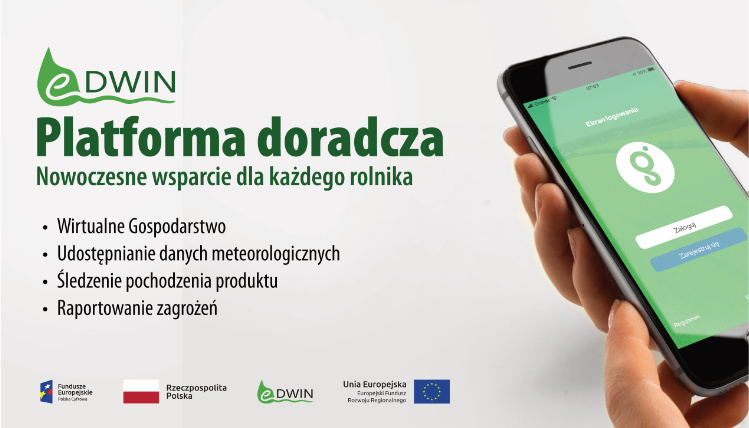 Na jasnoszarym tle widoczny jest obrazek telefonu oraz informacje o aplikacji doradczej eDWIN. Na dole są logotypy UE, flaga Polski, logo Polski Cyfrowej oraz logo eDWIN