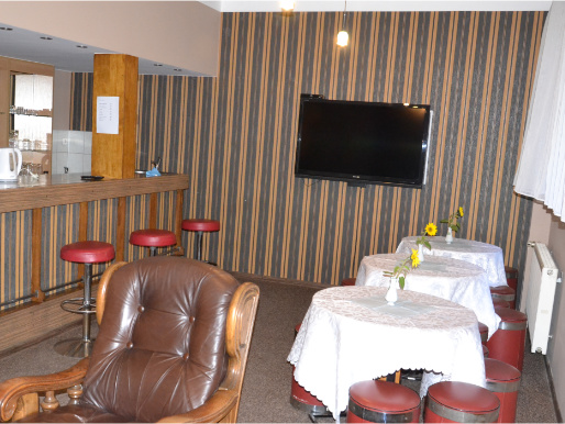 Wnętrze hotelowego baru. Na ścianie wisi telewizor. Przed nim stoją krzesła i stoliki. Po lewej stronie widoczny jest bar.