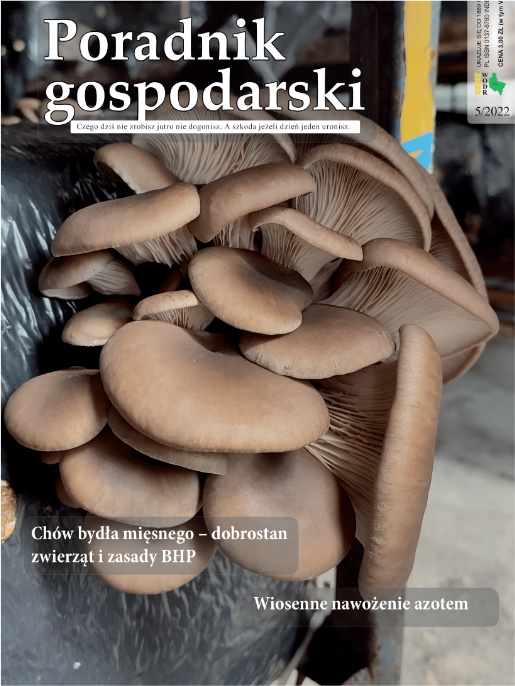 Okładka Poradnika Gospodarskiego. Całość wypełnia zdjęcie grzybów shiitake. Jest również tytuł miesięcznika oraz tytuły dwóch publikacji.