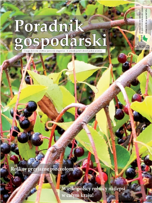 Okładka wakacyjnego numeru Poradnika Gospodarskiego. Widać na niej napis Poradnik Gospodarski oraz zdjęcie rośliny w tle. Na dole są tytuły dwóch tekstów z numeru.