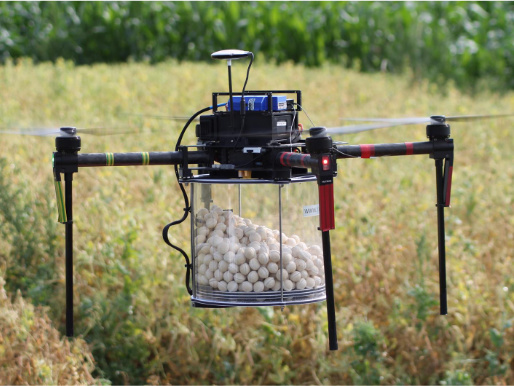 Uniesiony dron z przezroczystym pojemnikiem, w którym znajdują się białe kuleczki do ochrony roślin. Dron unosi się dzięki czterem śmigiełkom, rozłożonym proporcjonalnie wokół urządzenia.