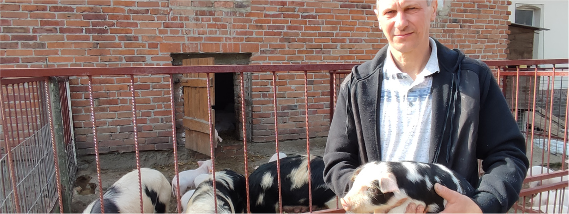 Pan Tomasz Kupaj, właściciel gospodarstwa Gospodarz stoi przed zewnętrznym wybiegiem ze świniami. Na rękach trzyma prosię w czarne łaty. W tle jest chlewnia z cegły.