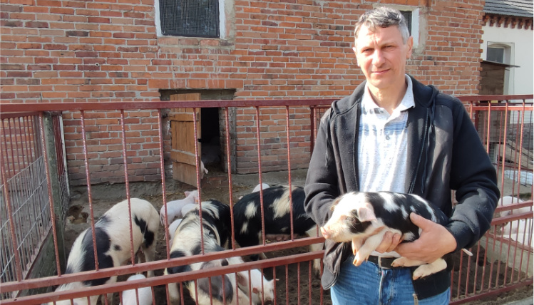 Pan Tomasz Kupaj, właściciel gospodarstwa Gospodarz stoi przed zewnętrznym wybiegiem ze świniami. Na rękach trzyma prosię w czarne łaty. W tle jest chlewnia z cegły.