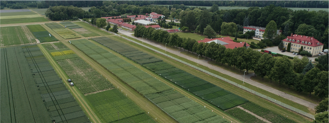 Poletka demonstracyjne oraz siedziba Powiatowego Zespołu Doradztwa Rolniczego nr 2 w Sielinku widoczne z lotu ptaka.