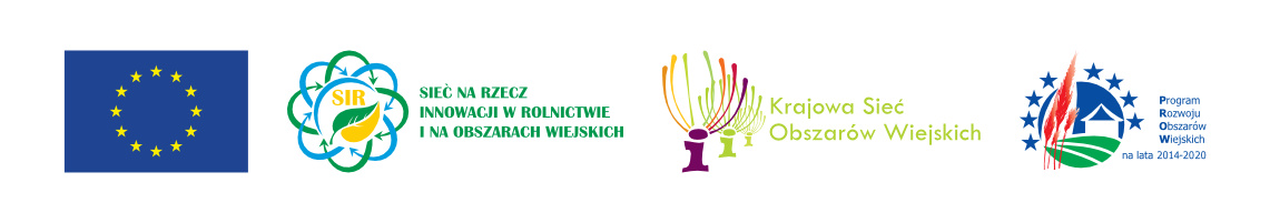 Na białym tle widnieją cztery logotypy: Unii Europejskiej, Sieci na rzecz innowacji w rolnictwie i na obszarach wiejskich, Krajowej Sieci Obszarów Wiejskich, Programu Rozwoju Obszarów Wiejskich.