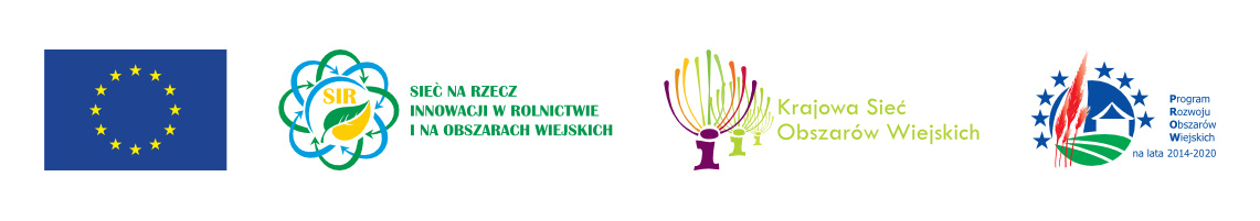 Na białym tle widnieją cztery logotypy: Unii Europejskiej, Sieci na rzecz innowacji w rolnictwie i na obszarach wiejskich, Krajowej Sieci Obszarów Wiejskich, Programu Rozwoju Obszarów Wiejskich.