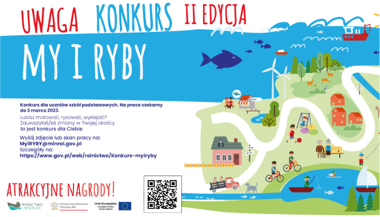 Grafika ilustracyjna. Na górze znajduje się nazwa konkursu, poniżej wypisane są zasady. Z prawej strony znajduje się rysunek przedstawiający ścieżkę na lądzie, drzewa, domy i ludzi, a także morze i ryby.