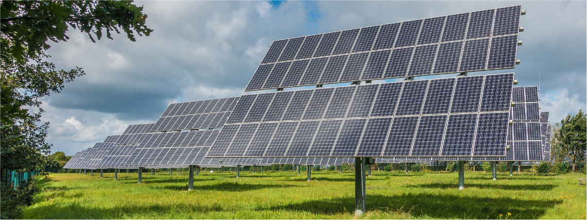 Krajowe Dni Pola Sielinko 2023: Strefa energii dla rolnictwa (zdjęcie: Pixabay) Słoneczny dzień. Na trawie stoją rzędy paneli fotowoltaicznych. Po lewej stronie jest zacieniona trawa i fragment drzewa.