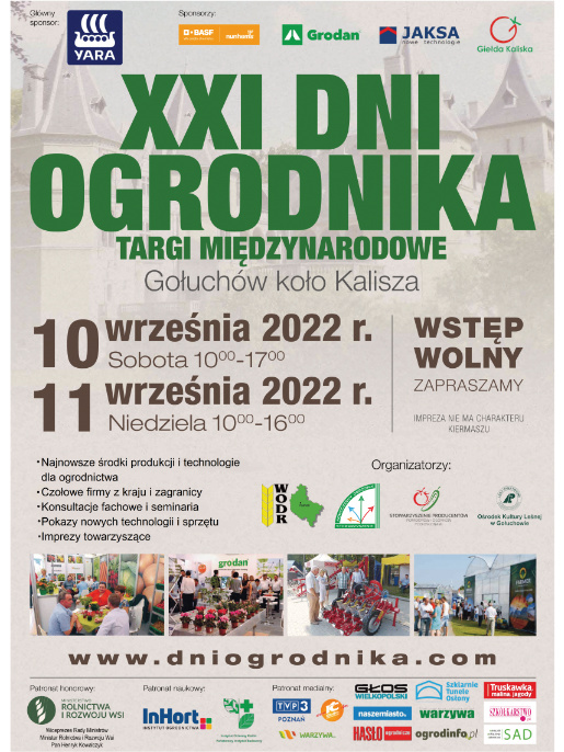 Plakat informacyjny dotyczący Dni Ogrodnika - Targów Międzynarodowych w Gołuchowie. Na beżowym tle znajdują się duży zielony tytuł, informacje o dacie i miejscu, a także program wydarzenia. Pod spodem są zdjęcia ilustracyjne oraz logotypy sponsorów i partnerów.