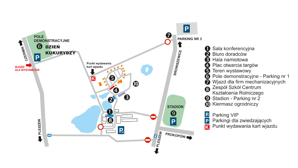 Mapa przedstawiająca teren targów w Marszewie. Są na niej zaznaczone drogi, parkingi oraz najważniejsze punkty terenu.