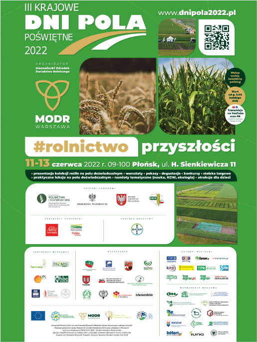 Plakat promujący Krajowe Dni Pola 2022. Na zielonym tle znajdują się informacje, zdjęcia poglądowe oraz logotypy firm i instytucji.