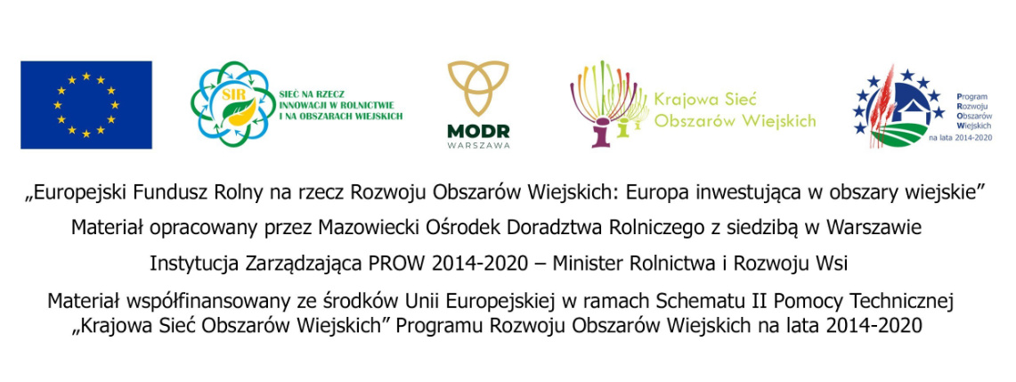 Plansza informująca o Europejskim Funduszu Rolnym na rzecz Rozwoju Obszarów Wiejskich Europa inwestująca w obszary wiejskie. Nad napisem są logotypy Unii Europejskiej, Sieci na rzecz innowacji w rolnictwie i na obszarach wiejskich, Mazowieckiego Ośrodka Doradztwa Rolniczego w Warszawie, Krajowej Sieci Obszarów Wiejskich i Programu Rozwoju Obszarów Wiejskich.