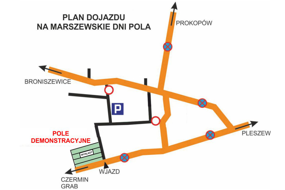 Grafika przedstawia mapę, na której widać plan dojazdu na Marszewskie Dni Pola