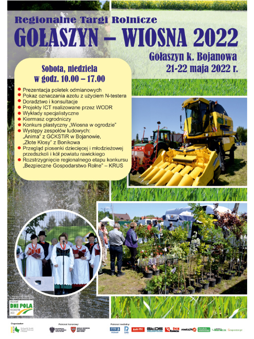 Plakat informacyjny dotyczący targów w Gołaszynie. Są na nim informacje dotyczące programu wydarzenia oraz ilustracje przedstawiające maszyny rolnicze, drzewka ogrodnicze oraz występ kobiet w strojach regionalnych.