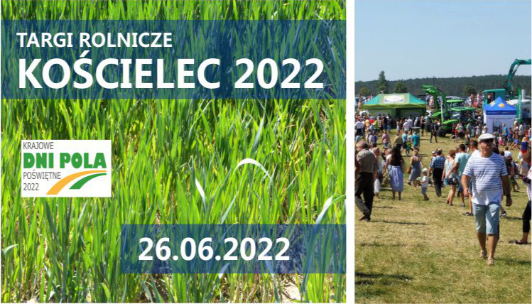 Targi Rolnicze w Kościelcu odbędą się pod koniec czerwca Grafika informacyjna dotycząca Targów Rolniczych w Kościelcu. Znajduje się na niej napis i data oraz zdjęcie ludzi na targach.