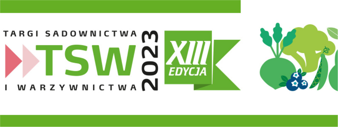 Targi TSW 2023 odbędą się pod koniec stycznia koło Warszawy Na białym tle jest logotyp Targów Sadownictwa i Warzywnictwa oraz grafiki owoców.