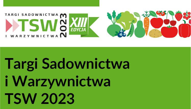 Grafika informacyjna. Na zielonym tle znajduje się nazwa targów. Wyżej na białym tle jest logotyp imprezy oraz grafiki owoców.