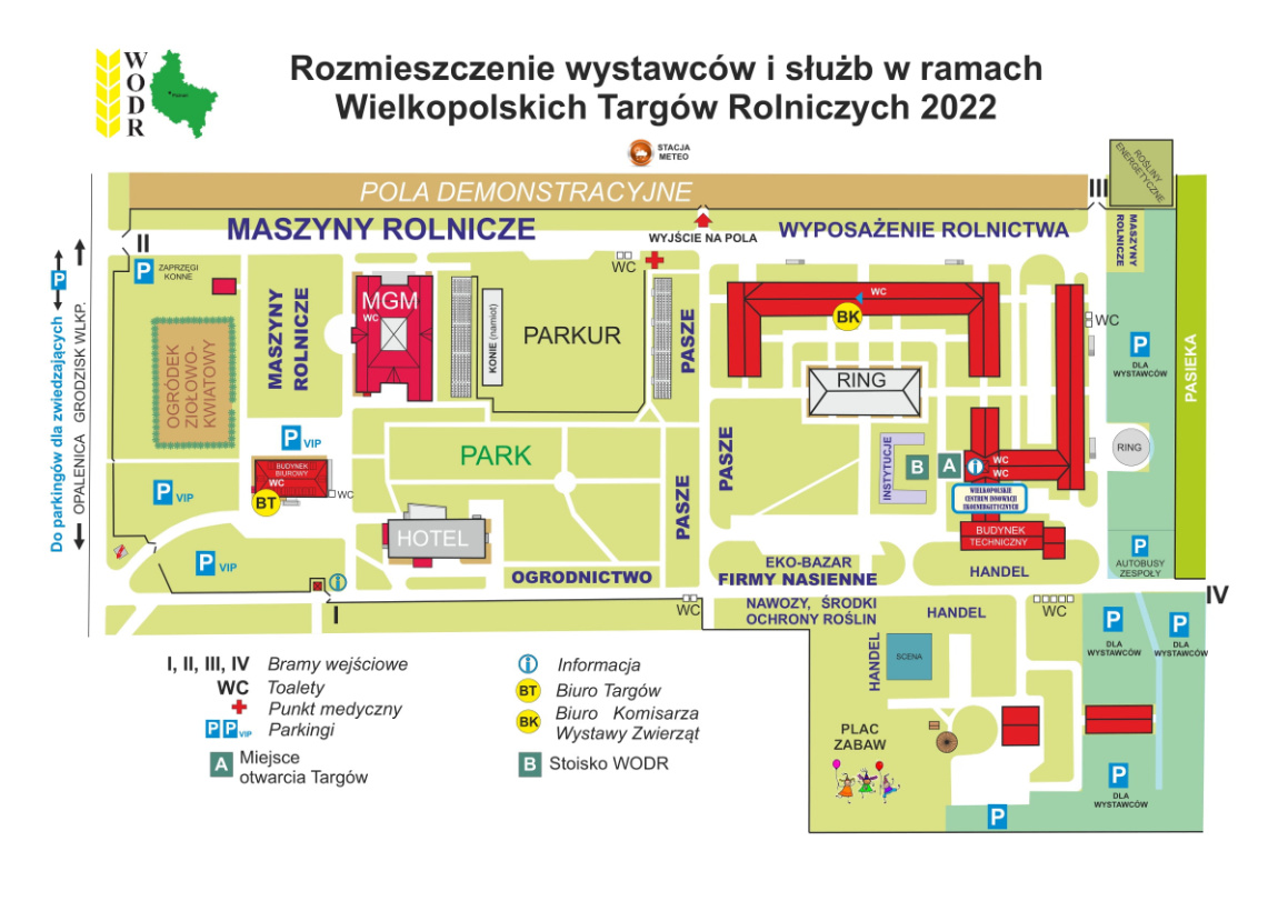 Grafika przedstawia plan wystawców na terenie targów rolniczych w Sielinku. Różnymi kolorami oznaczone są różne stoiska. Na grafice jest logo WODR.