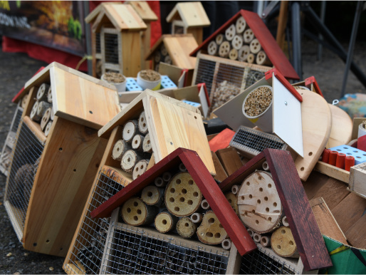 Domki dla pszczół ustawione obok siebie.