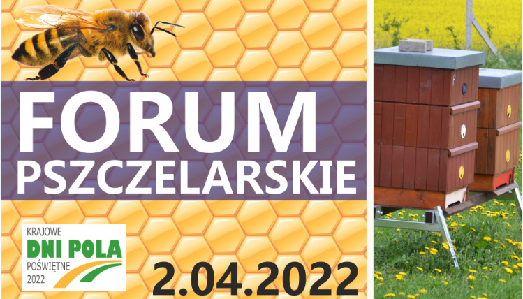 Grafika z napisem Forum Pszczelarskie, datą, logiem Krajowych Dni Pola Poświętne 2022, wizerunkiem pszczoły oraz zdjęciami uli oraz miodu.