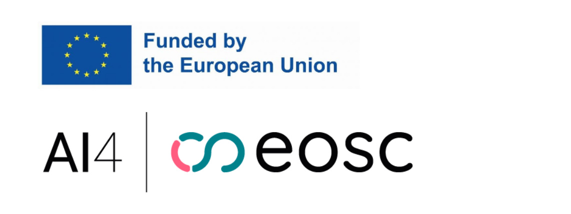 Projekt AI4EOSC – sztuczna inteligencja w rolnictwie Dwa logotypy: flaga Unii Europejskiej z napisem "funded by the European Union" oraz logotyp AI4EOSC.