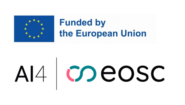 Dwa logotypy: flaga Unii Europejskiej z napisem "funded by the European Union" oraz logotyp AI4EOSC.