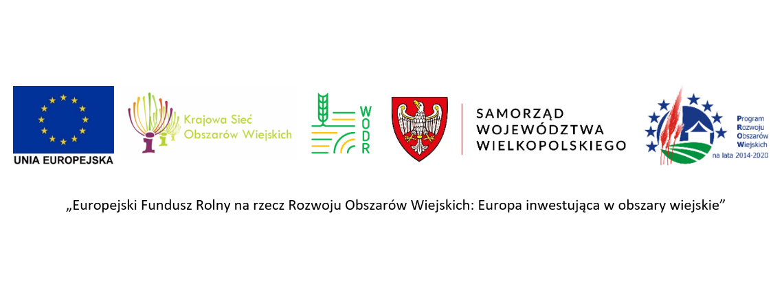 Logotypy Unii Europejskiej, Krajowej Sieci Obszarów Wiejskich, Wielkopolskiego Ośrodka Doradztwa Rolniczego, Samorządu Województwa Wielkopolskiego i Programu Rozwoju Obszarów Wiejskich.