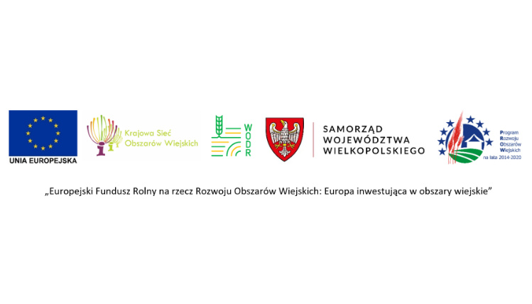 Logotypy Unii Europejskiej, Krajowej Sieci Obszarów Wiejskich, Wielkopolskiego Ośrodka Doradztwa Rolniczego, Samorządu Województwa Wielkopolskiego i Programu Rozwoju Obszarów Wiejskich.