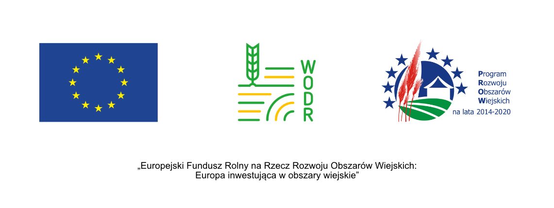 Logotypy Unii Europejskiej, WODR oraz PROW. Pod spodem jest napis:  „Europejski Fundusz Rolny na Rzecz Rozwoju Obszarów Wiejskich:  Europa inwestująca w obszary wiejskie”