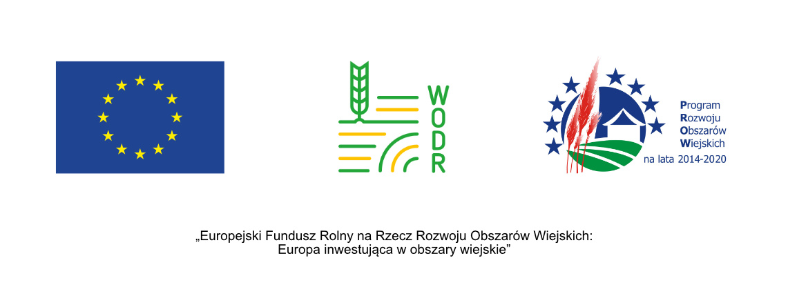 - WODR Logotypy Unii Europejskiej, WODR oraz PROW. Pod spodem jest napis: „Europejski Fundusz Rolny na Rzecz Rozwoju Obszarów Wiejskich: Europa inwestująca w obszary wiejskie”