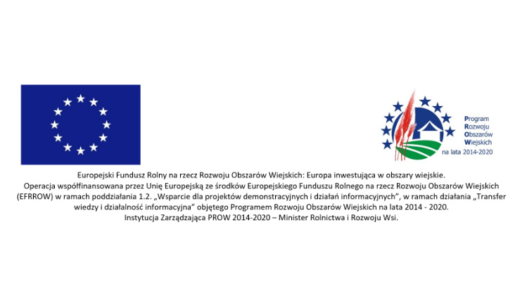 Realizacja operacji „Demonstracje z zakresu nowoczesnych technologii chowu i hodowli bydła ras mięsnych” Flaga Unii Europejskiej i logotyp Programu Rozwoju Obszarów Wiejskich. Pod spodem formułka dotycząca operacji.