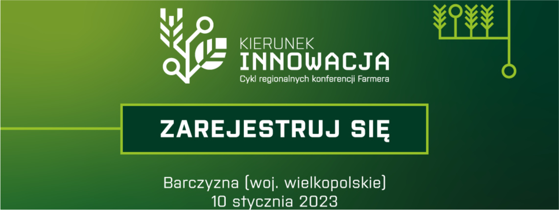 Grafika informująca o konferencji Kierunek Innowacja. Jest na niej data konferencji oraz zachęta do zarejestrowania się.