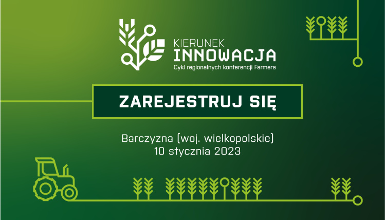 Grafika informująca o konferencji Kierunek Innowacja. Jest na niej data konferencji oraz zachęta do zarejestrowania się.