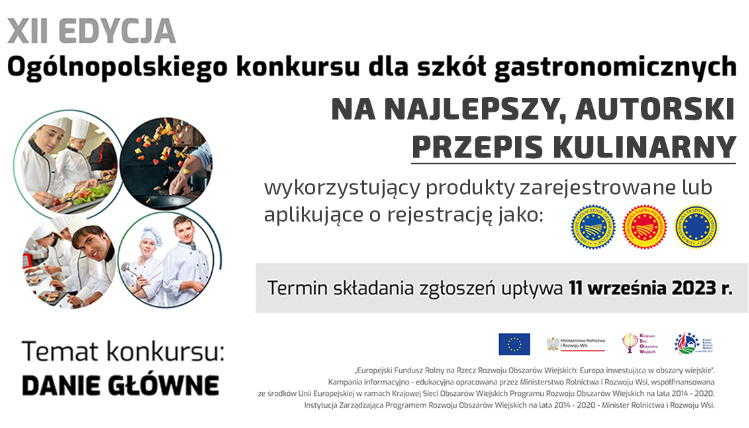 Konkurs dla szkół gastronomicznych na autorskie danie główne Grafika informacyjna o konkursie dla szkół gastronomicznych.