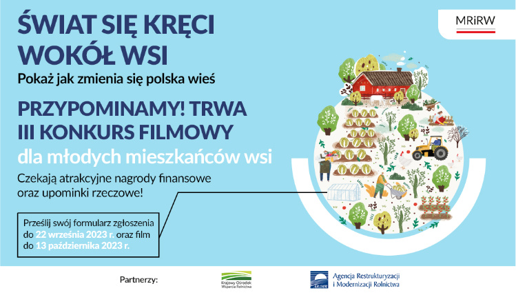 Weź udział w 3. ogólnopolskim konkursie filmowym „Świat się kręci wokół wsi” Grafika informacyjna konkursu