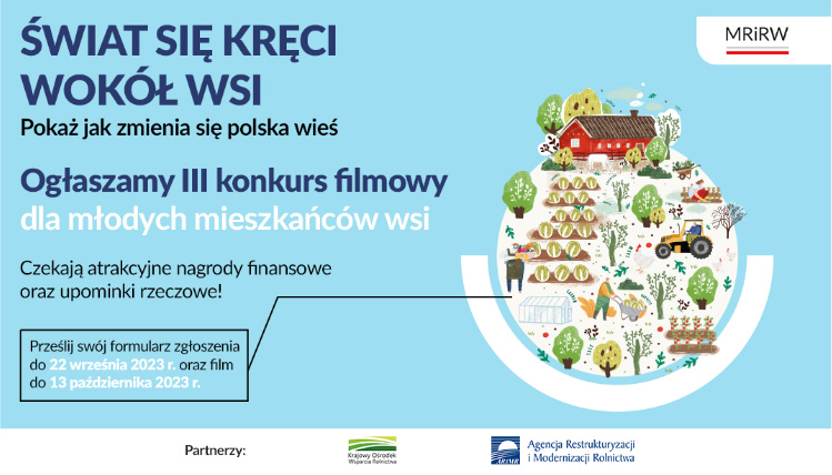 Weź udział w 3. ogólnopolskim konkursie filmowym „Świat się kręci wokół wsi”! Grafika ilustracyjna przedstawiająca konkurs "świat się kręci wokół wsi"