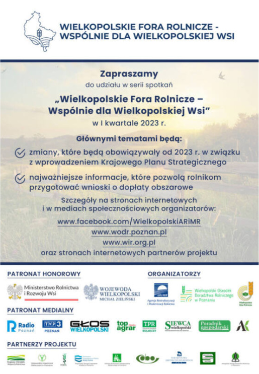Plakat promujący wydarzenie "Wspólnie dla Wielkopolskiej Wsi". Są na nim loga organizatorów, patronów oraz informacje o wydarzeniu