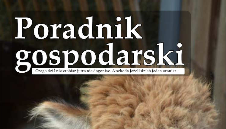 Wakacyjny numer Poradnika Gospodarskiego już dostępny! Biały napis Poradnik Gospodarski na ciemnym tle. Widać kawałek głowy alpaki.